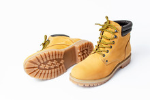 Yellow Men's Work Boots From Natural Nubuck Leather Isolated On White Background. Trendy Casual Shoes, Youth Style. Concept Of Advertising Autumn Winter Shoes, Sale, Shop