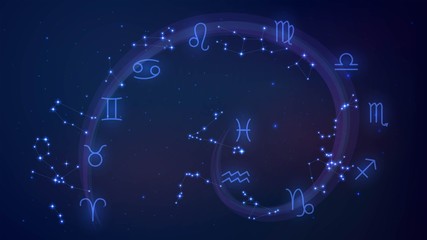 Wall Mural - spiral with twelve zodiac constellation in night sky, astrology, esotericism, prediction of the futu