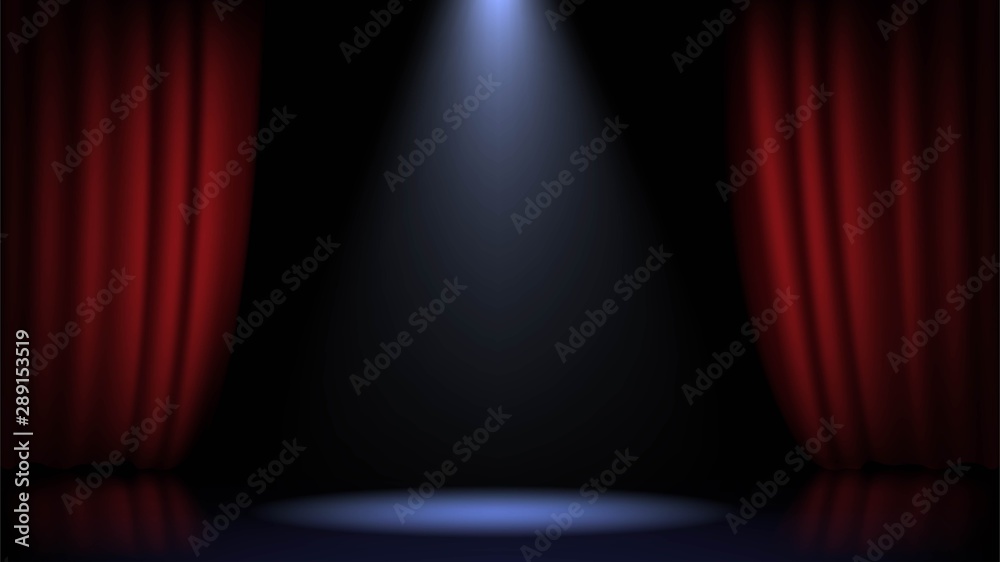 Empty scene with a red curtain and spotlights. Concert, show, performance - obrazy, fototapety, plakaty 