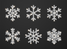 Shining Silver Snowflakes On Black Background. Christmas And New Year Background. Vector Illustration