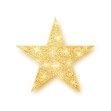 Gold Shiny Glitter Glowing Star With Shadow Isolated On White Background. Vector Illustration