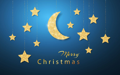 Merry Christmas. Gold handing shiny glitter glowing star isolated on blue night background. Vector illustration