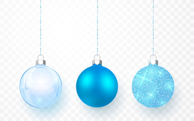 Wall Mural - blue shiny glitter glowing and transparent christmas balls. xmas glass ball on transparent backgroun