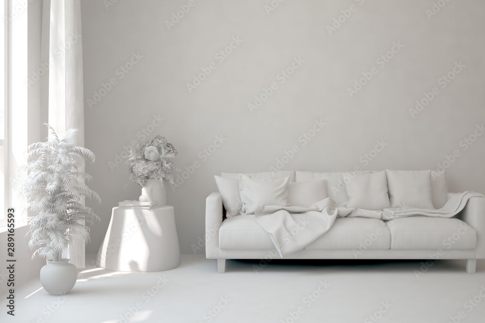 Mock up of stylish room in white color with sofa. Scandinavian interior design. 3D illustration - obrazy, fototapety, plakaty 