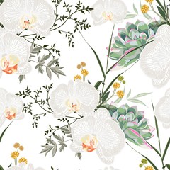 Wall Mural - Tropic summer painting seamless pattern with succulent, herbs, fern and white orchid flowers. Trendy bunch exotic flower wallpaper on white background.