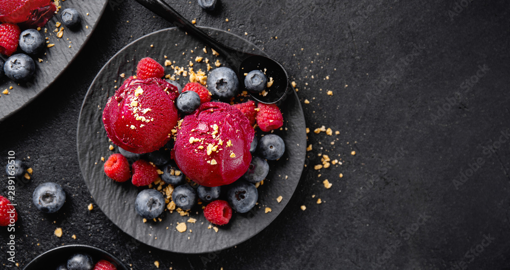 Berry refreshing ice cream scoops on plate - obrazy, fototapety, plakaty 