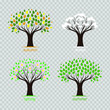 Set of trees at different times of the year isolated on a transparent background. Winter, spring, summer, autumn. Parks, garden, landscape. Flat design. Vector EPS10