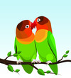 Two parrots, parrots are inseparable, cute birds on a tree branch. Flat design. Vector illustration.