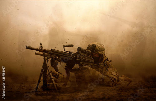 Cuadros en Lienzo Military troops and helicopter in the battlefield / Soldier shooting at the enem