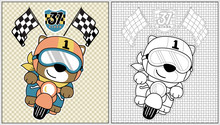 Animal Motor Racer Cartoon Vector, Coloring Book Or Page