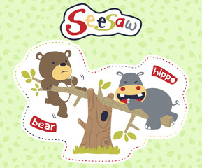 Wall Mural - funny animals playing seesaw, hippo and bear on leaves background, vector cartoon illustration