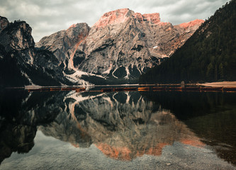  Lake Braies also known as Pragser Wildsee or Lago di Braies in Dolomites Mountains, Sudtirol, Italy.