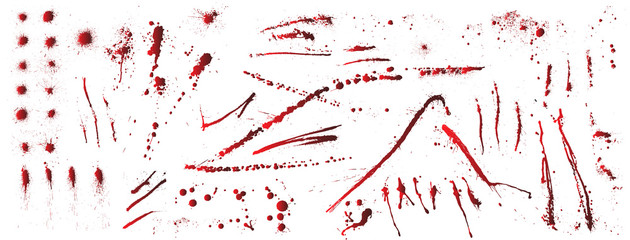 Poster - Set of various blood or paint splatters. Big vector set of different blood splashes, drops and trail. Isolated on white background. Vector collection various blood splatters