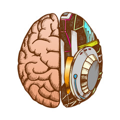 Poster - Innovation Machine Robotic Brain Color Vector. Artificial Intelligence Concept And Human Brain. Ai And Anatomy Neurology Element Hand Drawn In Vintage Style Illustration