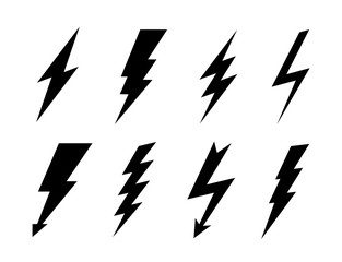 Poster - Set lightning bolt isolated on white background. Vector flat thunderbolt, lightning strike.