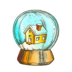 Canvas Print - Snow Globe With House Souvenir Vintage Vector. Snowy Winter And Ancient Building In Glass Snow Ball On Pedestal. Seasonal Holiday Gift Sphere Template Designed In Retro Style Color Illustration