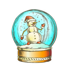 Sticker - Snow Globe With Snowman Souvenir Vintage Vector. Winter In Crystal Glass Snow Ball On Pedestal. Season Holiday Present Decorative Sphere Template Designed In Retro Style Color Illustration