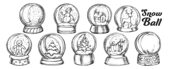 Wall Mural - Christmas Snow Balls Souvenir Vintage Set Vector. Collection Different Toys In Glass Snow Balls. Xmas Present Decoration Sphere Template Designed In Retro Style Monochrome Illustrations