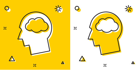 Poster - black head silhouette with cloud icon isolated on yellow and white background. dreaming sign. random