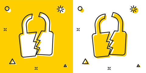 Wall Mural - Black Broken or cracked lock icon isolated on yellow and white background. Unlock sign. Random dynamic shapes. Vector Illustration