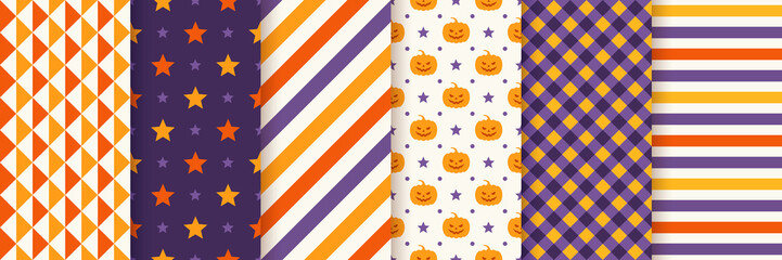 Halloween seamless pattern. Haloween textile print. Vector. Geometric background with pumpkin face, triangle, star, stripes, checkered. Wrapping paper. Orange yellow purple texture. Illustration