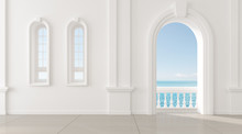 View Of Living Room In Mediterranean Style With Arch Window Design,Classic Details,The Sun Light Cast Shadow On The Tiles Floor On Sea View Background. 3d Rendering.	