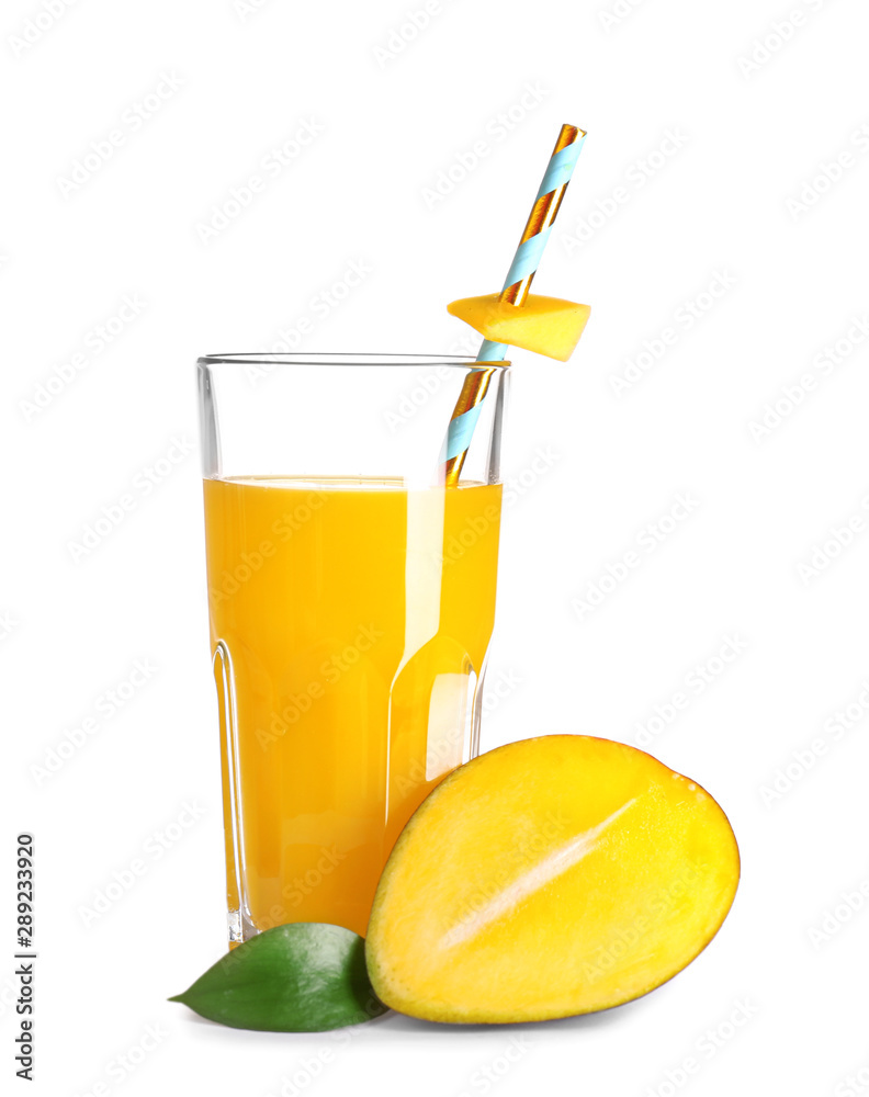 Glass of tasty mango juice on white background