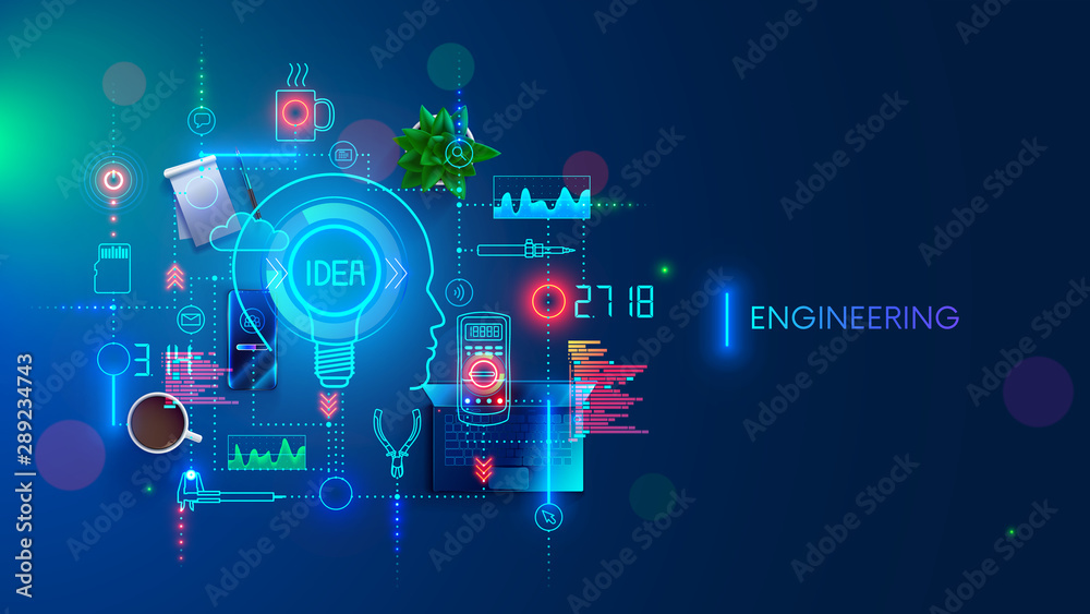 Engineering idea concept. Electronic devices development. Technology creation and design industrial sample. Engineer invents, devises technician solution. Equipments, tools of developer. Banner. - obrazy, fototapety, plakaty 