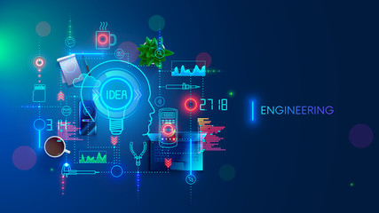 Leinwandbilder - Engineering idea concept. Electronic devices development. Technology creation and design industrial sample. Engineer invents, devises technician solution. Equipments, tools of developer. Banner.