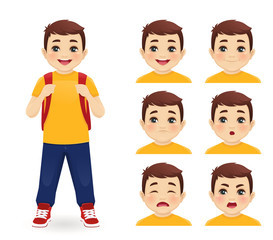 Wall Mural - School boy with backpack emotions set isolated vector illustration