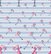 © velishchuknatali - Seamless pattern with little pink flamingos and umbrellas from the sun on a striped background. Flamingo baby with an umbrella. Design for children's textiles, gifts, holiday parties.