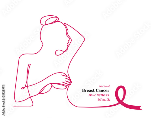 Fotografía Pink ribbon,womens breast outline vector illustration