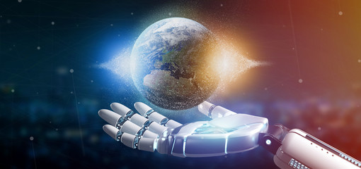 Poster - cyborg hand holding a earth globle particles 3d rendering