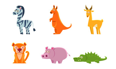 Poster - Collection of Cute Exotic Animals, Zebra, Kangaroo, Antelope, Boar, Crocodile Vector Illustration