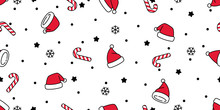 Christmas Seamless Pattern Vector Santa Claus Hat Snow Candy Cane Snowflake Scarf Isolated Repeat Wallpaper Tile Background Gift Wrap Paper Doodle Design