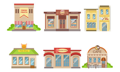 Sticker - City Public Buildings Facades Set, Fresh Fruits, Confectionery, Art Shop Vector Illustration