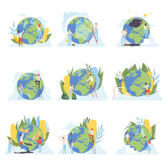 Sticker - People Cleaning the Earth Planet Set, Volunteers Taking Care About Planet Ecology, Environment, Nature Protection Flat Vector Illustration