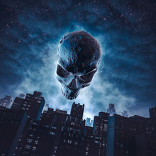 The Face Of Halloween / 3D Illustration Of Skull Moon Rising Over City Buildings Against Starry Night Sky