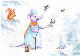  watercolor drawing of a snowman mouse in the forest with animals