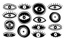 Set Eyes Mystic Hand Draw.Occult Mystic Emblem.Evil Seeing Eye Symbol Naive Set.