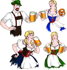 Vector set with handsome man and pretty blond girls wearing traditional german clothes with beer and pretzel. October fest design.