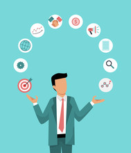 Businessman Is Juggling Business Icons. Illustration Of The Correct Distribution Work Time. Business Management Vector Illustration.