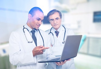 Wall Mural - Female and male scientists in glasses working with microscope