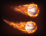 Fototapeta  - Firing, flying engulfed in flames baseball balls 3d realistic vector illustration isolated on transparent background. Sport inventory shop ad, baseball competition, tournament promotion design element