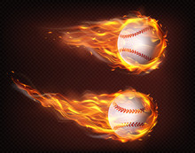 Firing, Flying Engulfed In Flames Baseball Balls 3d Realistic Vector Illustration Isolated On Transparent Background. Sport Inventory Shop Ad, Baseball Competition, Tournament Promotion Design Element