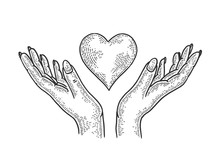 Hands And Heart Symbol Blood Donation Sketch Engraving Vector Illustration. Tee Shirt Apparel Print Design. Scratch Board Style Imitation. Black And White Hand Drawn Image.