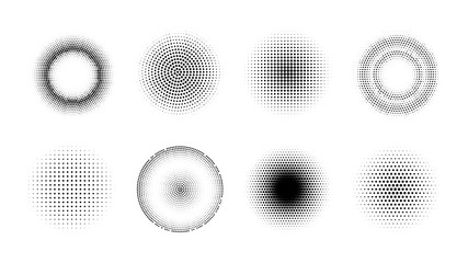 Halftone effect design elements. Set of vector dotted gradient circles. Round shape abstract backgrounds