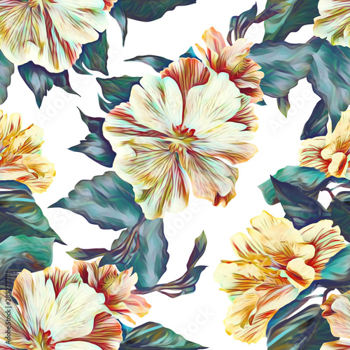 Hibiscus flower seamless pattern, watercolor illustration.