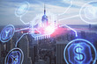 © peshkova - Data theme hologram drawing on city view with skyscrapers background double exposure. Technology concept.