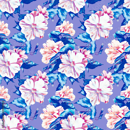 Hibiscus flower seamless pattern, watercolor illustration.